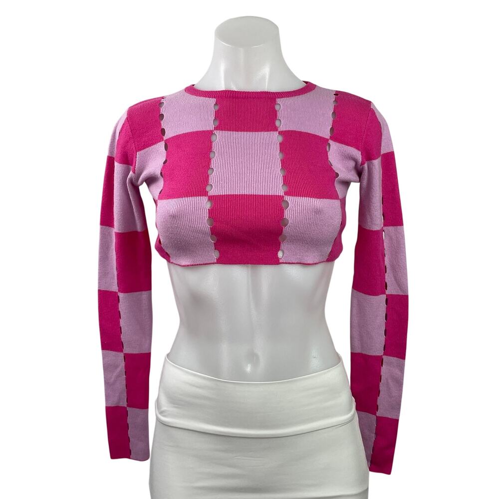 Mimosa Women's Pink Checkered Gingham Knit Crewneck Long Sleeve Crop Top Size S